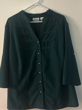 Kathy Che Stretch Plus Size 18/20W Forest Green Pleated Blouse 3/4 Sleeve Top
